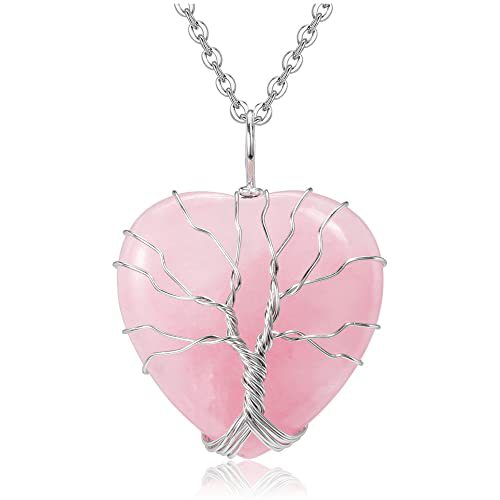 Tree of Life, Rose Quartz Heart Shape Natural Stone Crystal Pendant Necklace