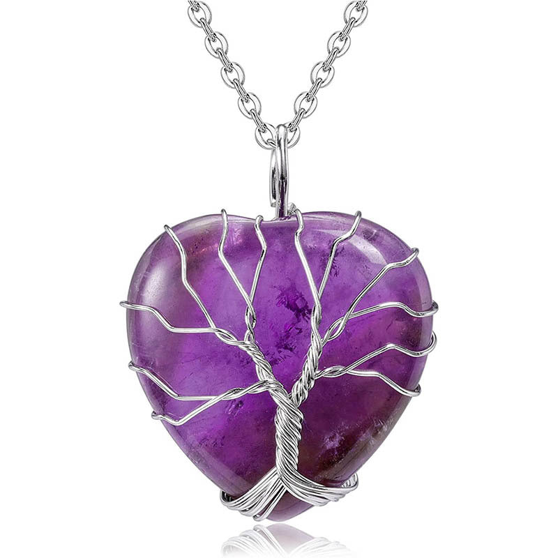 Tree of Life, Amethyst Heart Shape Natural Stone Crystal Pendant Necklace