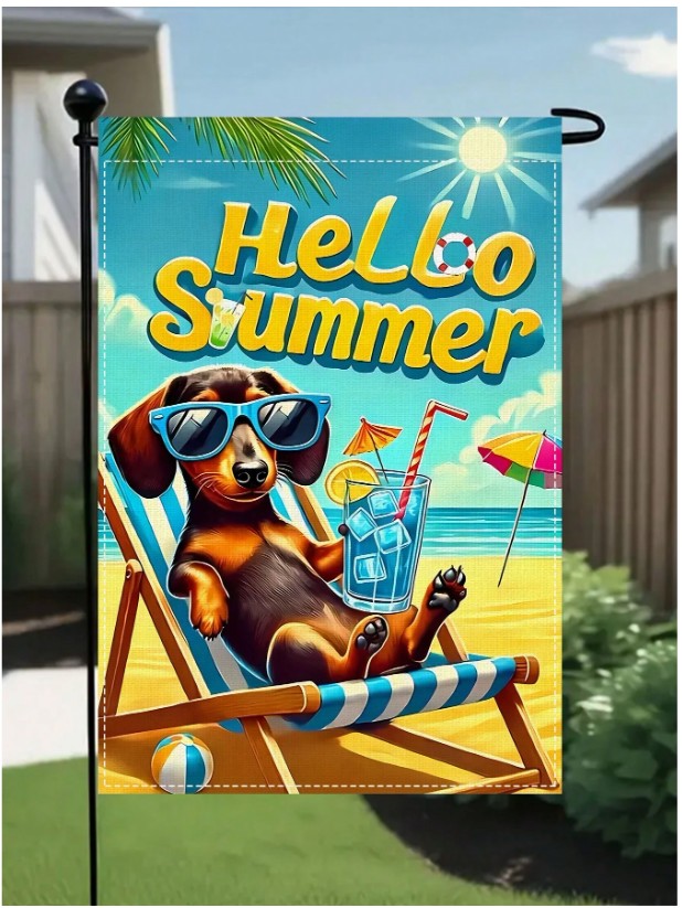 "Reversible Hello Summer Dachshund Garden Flag with Sunglasses and Palm Trees"
"Double-sided dog garden flag for summer outdoor decor"