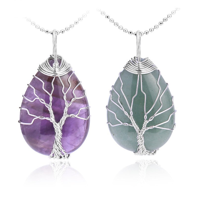 Tree of Life, Water Droplet Pink Crystal & Silver Pendant Necklace