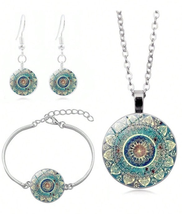 “Vintage green mandala jewelry set with earrings, necklace, and bracelet”
“Spiritual boho jewelry set featuring mandala designs for women”
“Green mandala design earrings, bracelet, and necklace set in vintage style”
“Sacred bloom jewelry set symbolizing unity, balance, and peace”