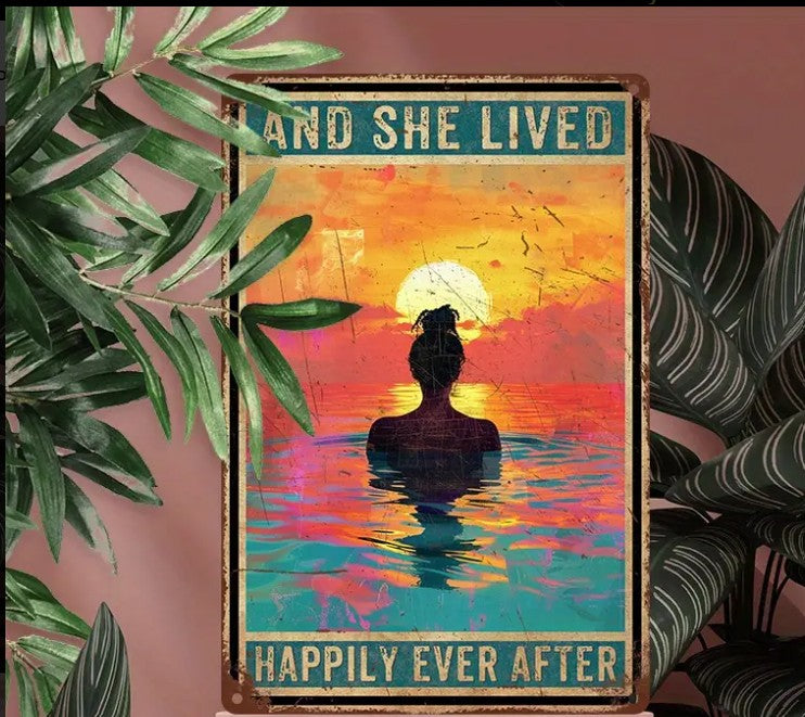 Boho-inspired vintage metal wall art with the quote "And She Lived Happily Ever After" in sunset silhouette, 8x12 inch plaque for spiritual and feminine home decor