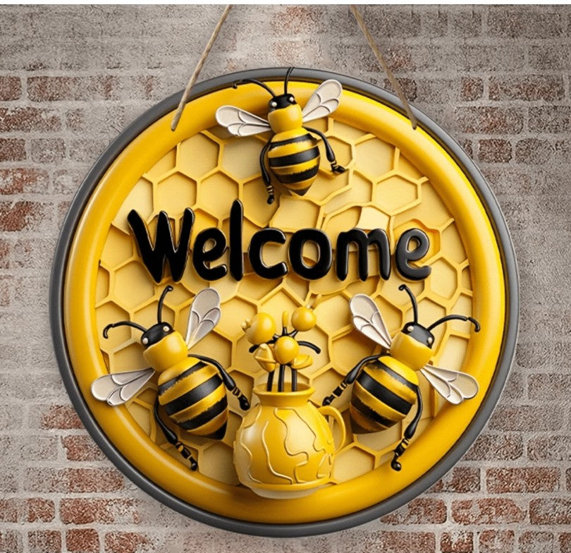 “Wooden Bee Welcome Sign with rustic farmhouse design for home or garden”
“Bee-themed wooden plaque with welcome message, perfect for wall hanging”
“Close-up of rustic wooden bee sign, nature-inspired home décor accent”
“Charming bee welcome sign from the Bee Loved Collection by Christie Bella”
