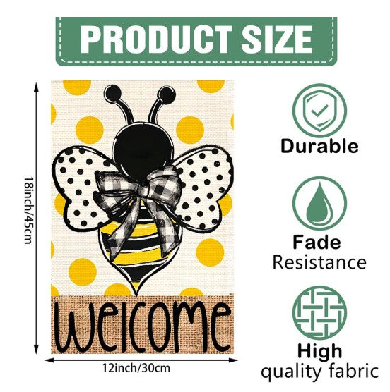 “Summer polka dot bee welcome garden flag, double-sided, 12x18 inches”
“Bee-themed burlap outdoor flag with polka dot pattern and welcome text”
“Double-sided decorative yard flag for summer, bee and floral theme”
“Rustic burlap garden flag with cheerful bee and polka dots, seasonal décor”