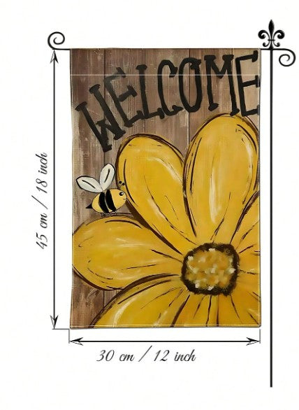 “Bee and sunflower house flag with wood grain background, 12x18 inch”
“Spring and summer welcome yard flag with bee and rustic design”
“Double-sided outdoor garden flag featuring sunflowers and bees”
“Rustic welcome flag for lawn, porch, or patio décor”