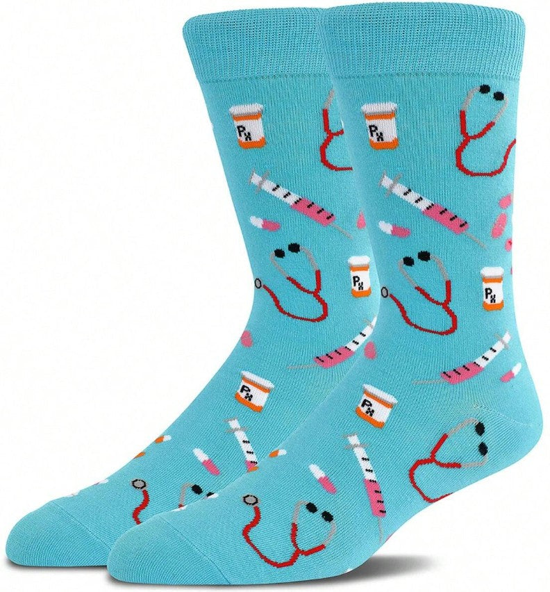 “Unisex blue nurse socks with stethoscope pattern”
“Mid-calf breathable and stretchy socks for medical professionals”
“Soft medical print socks for nurses and doctors”
“Healthcare worker gift socks with stethoscope design”