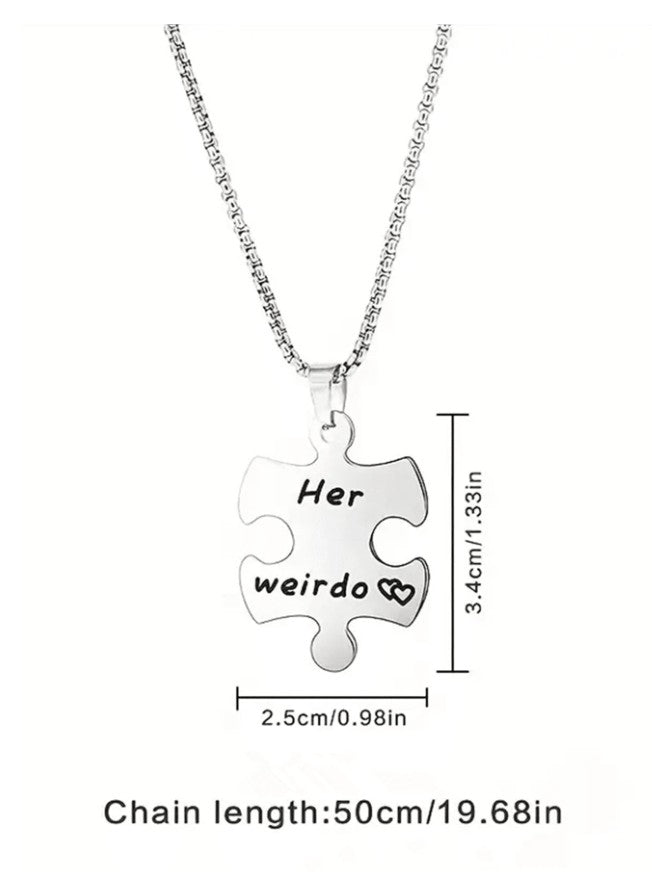 His Crazy, Her Weirdo Puzzle Necklace Set – 2pcs Stainless Steel Engraved Couple Pendant Gift