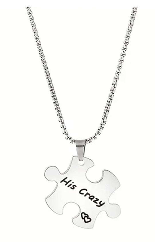 His Crazy, Her Weirdo Puzzle Necklace Set – 2pcs Stainless Steel Engraved Couple Pendant Gift