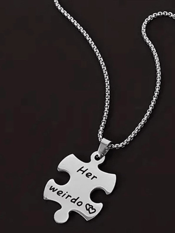 His Crazy, Her Weirdo Puzzle Necklace Set – 2pcs Stainless Steel Engraved Couple Pendant Gift