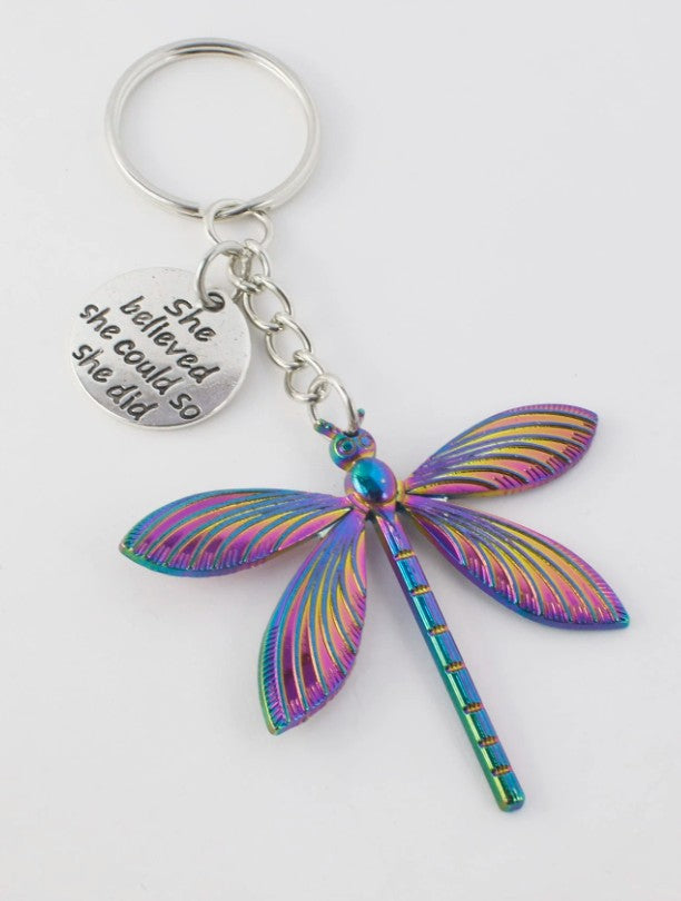 Whimsical Dragonfly Charm Keychain – “She Believed She Could” Quote