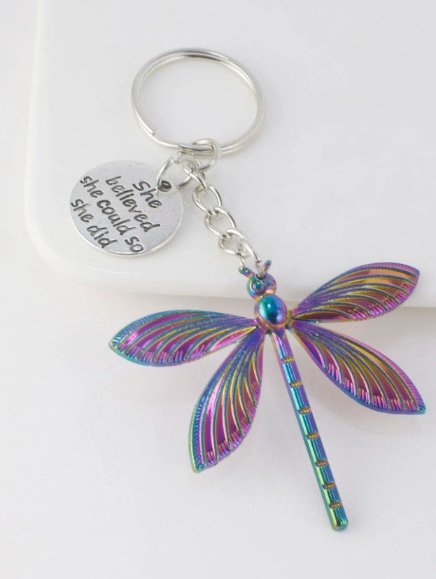 Whimsical Dragonfly Charm Keychain – “She Believed She Could” Quote