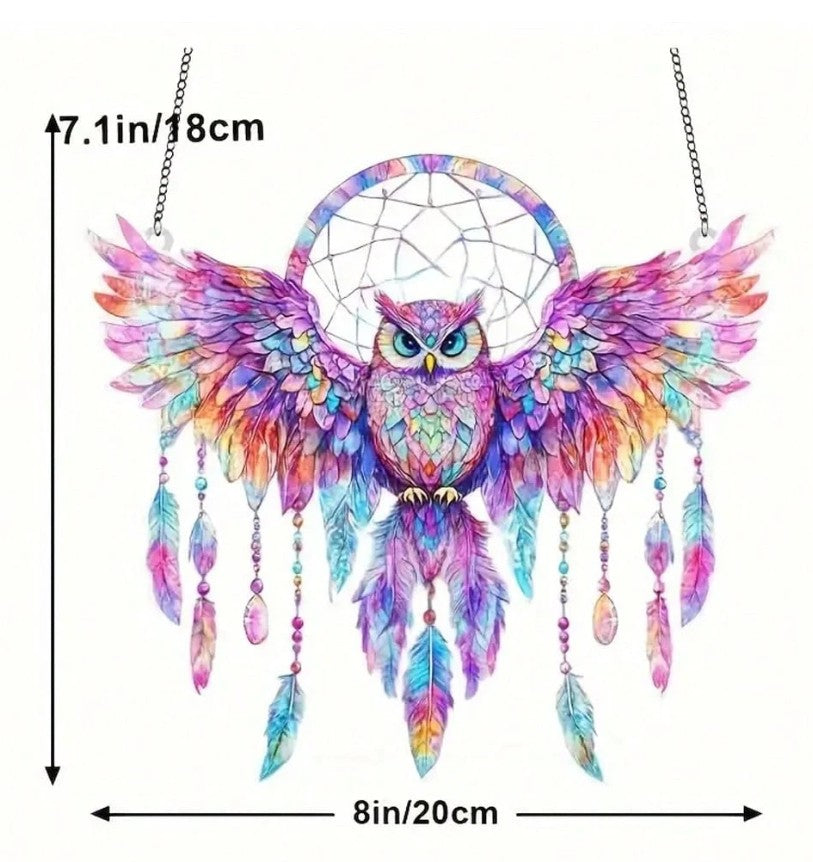 Boho Owl Dream Catcher Wall Hanging – Colorful Glass Sun Catcher (7.1" x 8")