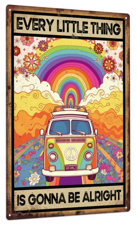“Everything Is Going To Be Alright” Vintage Metal Sign – Hippie Rainbow VW Wall Decor