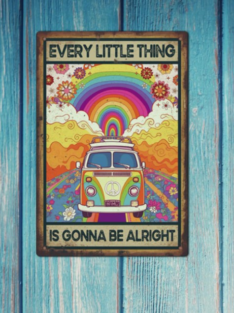 “Everything Is Going To Be Alright” Vintage Metal Sign – Hippie Rainbow VW Wall Decor