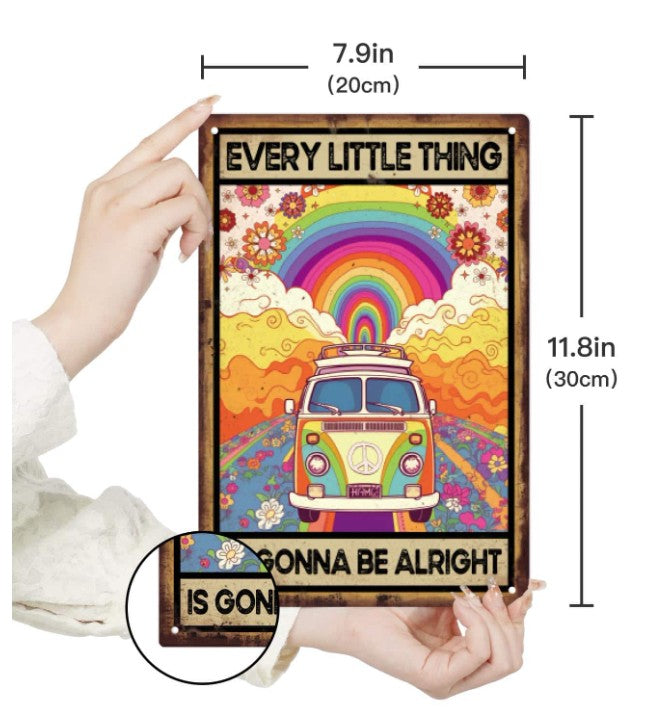 “Everything Is Going To Be Alright” Vintage Metal Sign – Hippie Rainbow VW Wall Decor