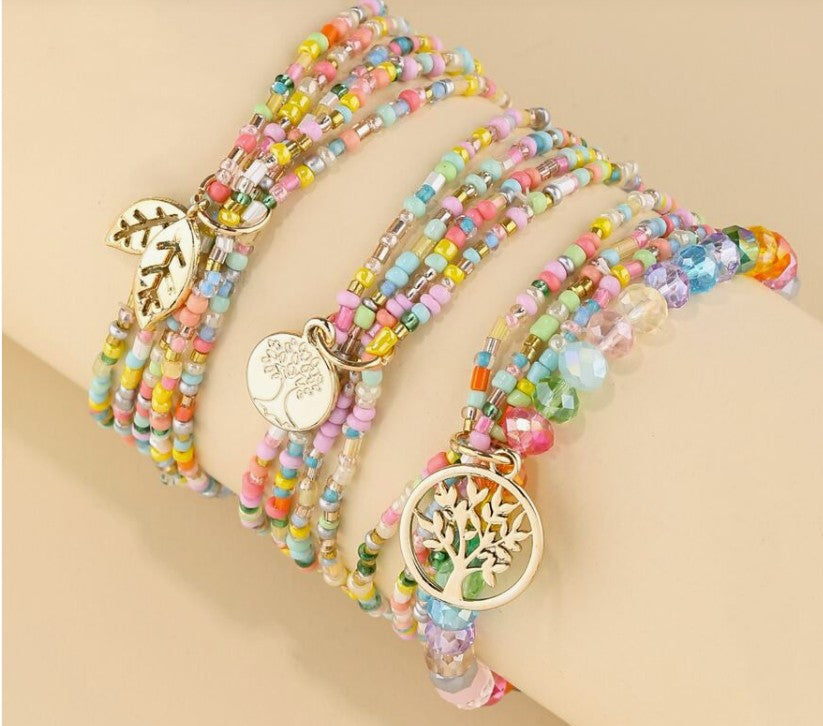 Tree of Life & Leaf Charm Bracelet Set – 3pcs Bohemian Beaded Layered Jewelry