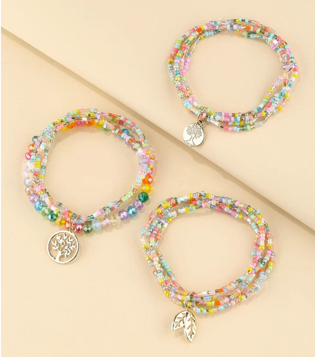 Tree of Life & Leaf Charm Bracelet Set – 3pcs Bohemian Beaded Layered Jewelry