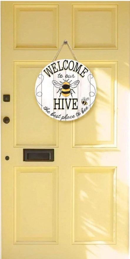 Bee Welcome to Our Hive Wooden Hanging Sign – Rustic Garden & Home Décor – 7.9” or 12” Round Wall Plaque
