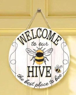 Bee Welcome to Our Hive Wooden Hanging Sign – Rustic Garden & Home Décor – 7.9” or 12” Round Wall Plaque