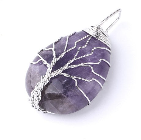 Tree of Life, Water Droplet Amethyst Crystal & Silver Pendant Necklace