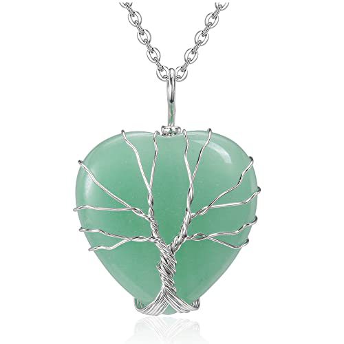 Tree of Life, Green Aventurine Heart Shape Natural Stone Crystal Pendant Necklace