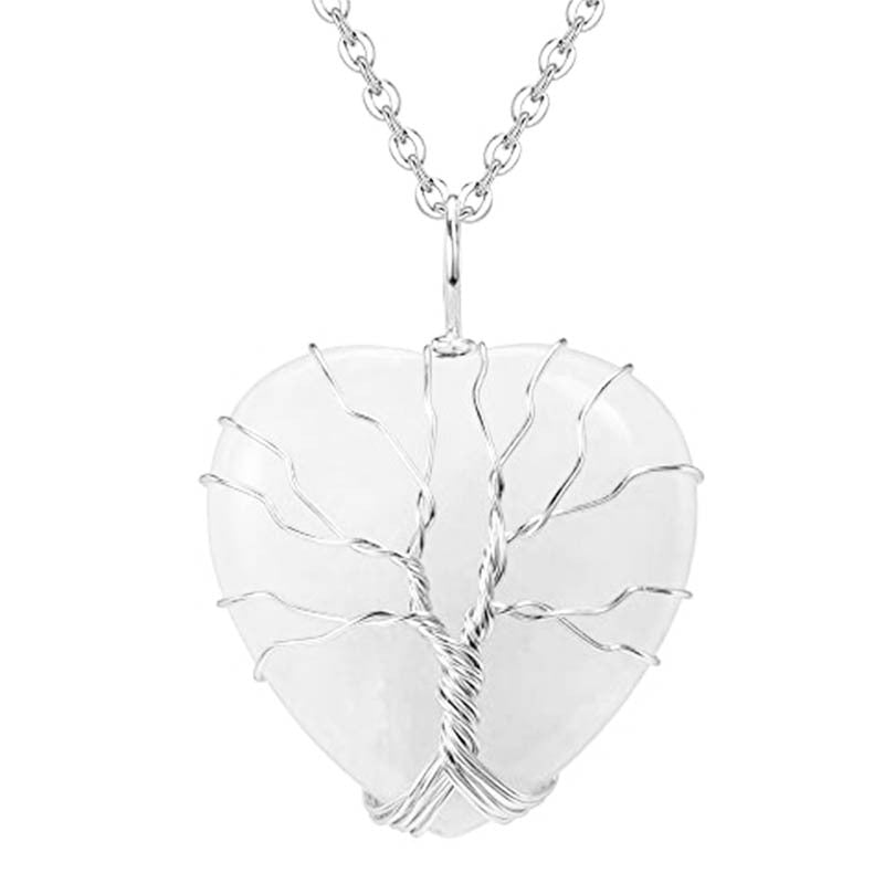 Tree of Life, Crystal Heart Shape Natural Stone Pendant Necklace