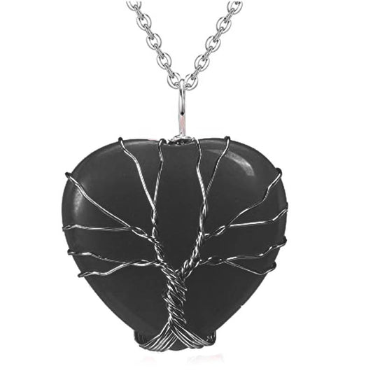 Tree of Life, Obsidian Heart Shape Natural Stone Crystal Pendant Necklace