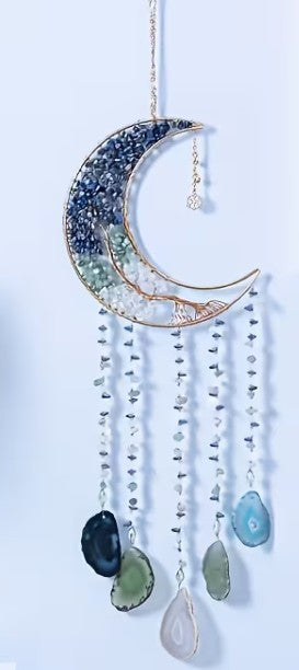 Bohemian Moon Dreamcatcher Pendant - Colorful Crystal & Stone Suncatcher Wind Chime Decor