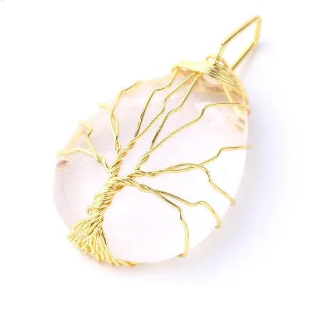 Tree of Life, Water Droplet White Crystal & Gold Pendant Necklace