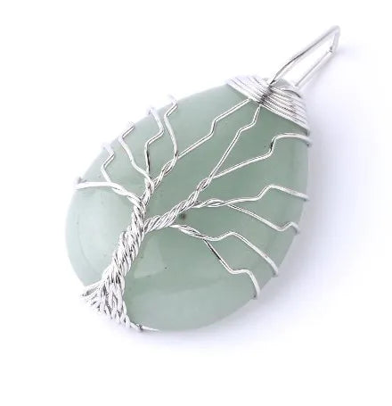 Tree of Life, Water Droplet Green Aventurine Silver Crystal Pendant Necklace
