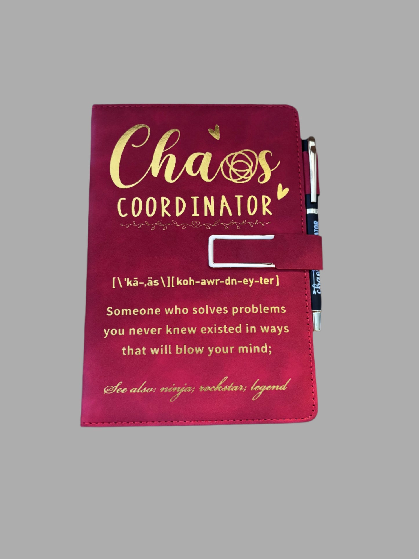 Boho-inspired Chaos Coordinator journal and pen set with metallic lettering, designed for spiritual and creative women managing daily life with style