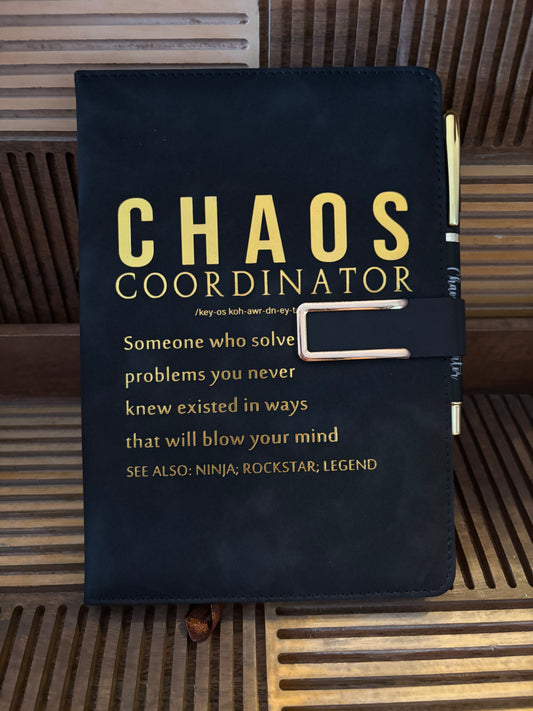 Boho-inspired Chaos Coordinator journal and pen set with metallic lettering, designed for spiritual and creative women managing daily life with style