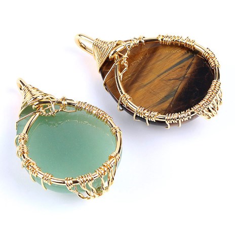 Tree of Life, Water Droplet Green Aventurine Silver Crystal Pendant Necklace