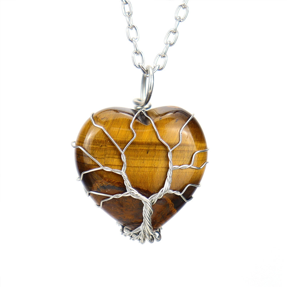 Tree of Life, Heart Shape Crystal Tiger Stone Pendant Necklace