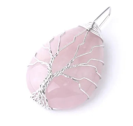 Tree of Life, Water Droplet Pink Crystal & Silver Pendant Necklace