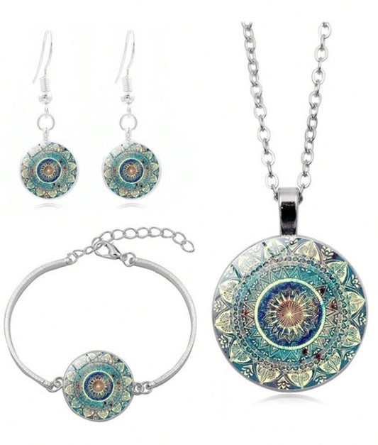“Vintage green mandala jewelry set with earrings, necklace, and bracelet”

“Spiritual boho jewelry set featuring mandala designs for women”

“Green mandala design earrings, bracelet, and necklace set in vintage style”

“Sacred bloom jewelry set symbolizing unity, balance, and peace”