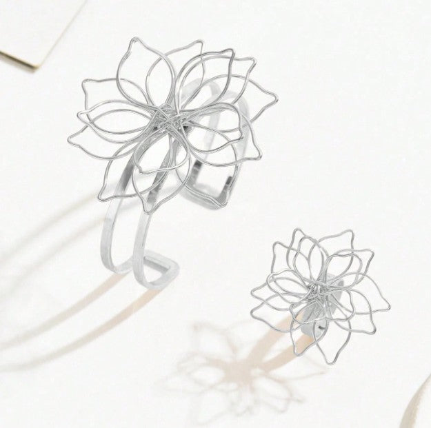 Floral wire design bracelet and ring set for women”

“Lightweight boho floral jewelry set with openwork wire design”

“Nature-inspired blooming grace jewelry set, bracelet and ring”

“Creative European and American style floral wire jewelry set”

