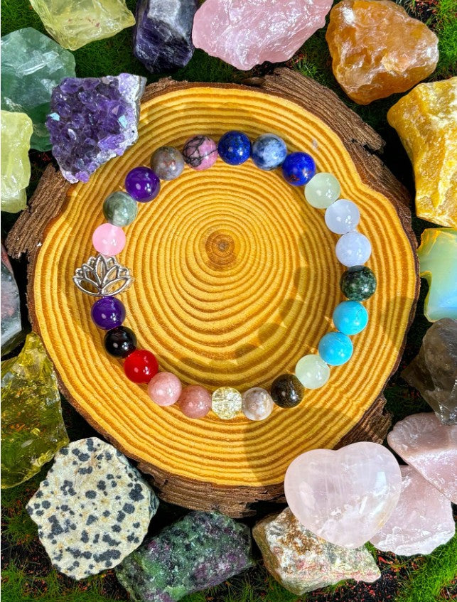 Bohemian lotus chakra bracelet with natural gemstones for yoga and meditation”

“Stretchy unisex gemstone bracelet with Tiger Eye, Lapis Lazuli, and Unakite”

“Spiritual energy healing bracelet with lotus charm for men and women”

“Colorful chakra balancing stretch bracelet for daily wear and gifting”
