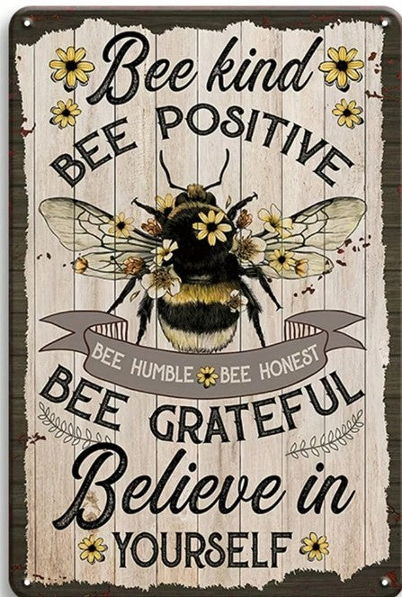 "Bee Metal Yard Art Sign with vintage rustic design featuring Bee Kind, Bee Positive, Bee Grateful affirmations"

"Inspirational bee-themed wall decor for garden or home, with uplifting messages in warm retro tones"

"Metal tin sign with pre-drilled holes for easy hanging, perfect for boho, spiritual, or zen spaces"

"Close-up of bee garden sign with affirmations in retro style for home or garden decoration"