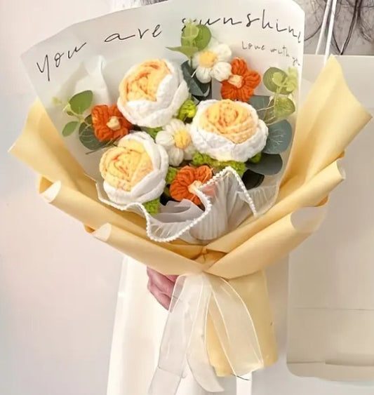 "Beautiful yellow knitted rose flower bouquet, handcrafted with love and care"

"Handmade knitted yellow roses arranged in a charming bouquet, perfect for gifts"

"Close-up of yellow knitted rose bouquet, eco-friendly flower gift for special occasions"

"Boho-inspired yellow knitted flower bouquet, unique gift idea for her"