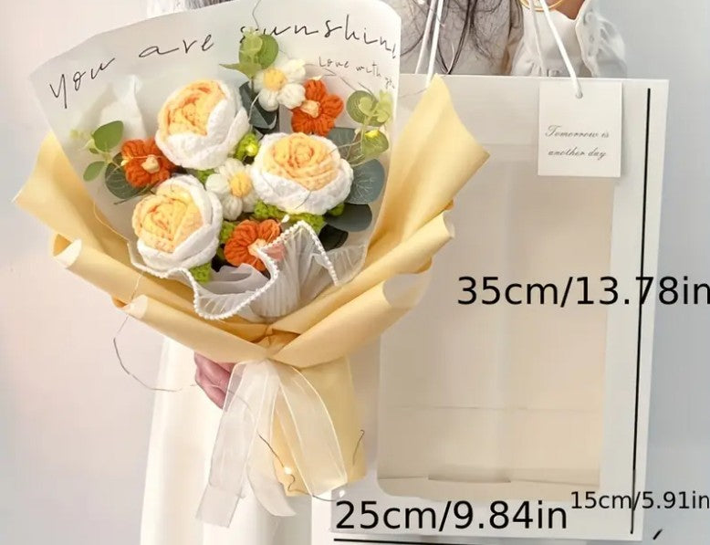 "Beautiful yellow knitted rose flower bouquet, handcrafted with love and care"

"Handmade knitted yellow roses arranged in a charming bouquet, perfect for gifts"

"Close-up of yellow knitted rose bouquet, eco-friendly flower gift for special occasions"

"Boho-inspired yellow knitted flower bouquet, unique gift idea for her"