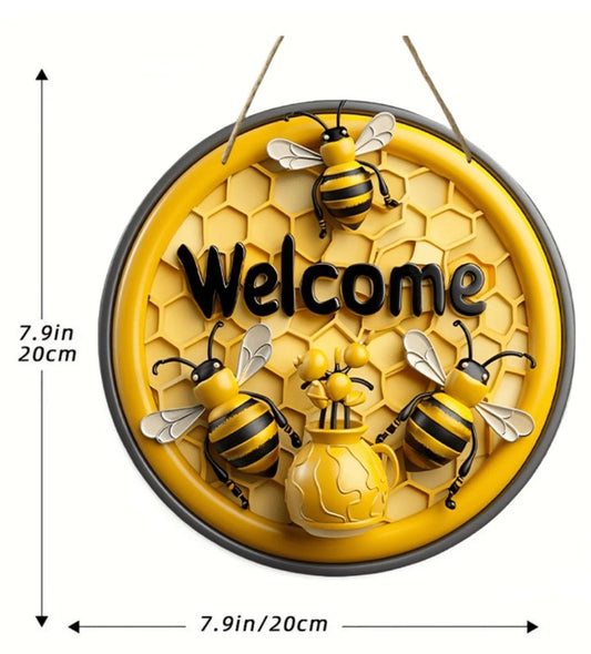 “Wooden Bee Welcome Sign with rustic farmhouse design for home or garden”

“Bee-themed wooden plaque with welcome message, perfect for wall hanging”

“Close-up of rustic wooden bee sign, nature-inspired home décor accent”

“Charming bee welcome sign from the Bee Loved Collection by Christie Bella”