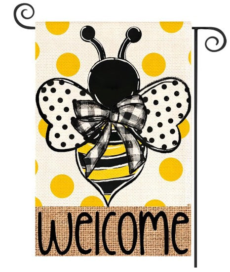“Summer polka dot bee welcome garden flag, double-sided, 12x18 inches”

“Bee-themed burlap outdoor flag with polka dot pattern and welcome text”

“Double-sided decorative yard flag for summer, bee and floral theme”

“Rustic burlap garden flag with cheerful bee and polka dots, seasonal décor”

