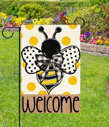 “Summer polka dot bee welcome garden flag, double-sided, 12x18 inches”

“Bee-themed burlap outdoor flag with polka dot pattern and welcome text”

“Double-sided decorative yard flag for summer, bee and floral theme”

“Rustic burlap garden flag with cheerful bee and polka dots, seasonal décor”

