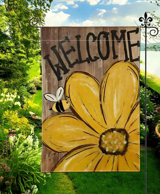 “Bee and sunflower house flag with wood grain background, 12x18 inch”

“Spring and summer welcome yard flag with bee and rustic design”

“Double-sided outdoor garden flag featuring sunflowers and bees”

“Rustic welcome flag for lawn, porch, or patio décor”