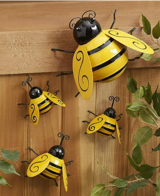 “Set of 4 metal 3D bumble bee wall decorations for outdoor garden use”

“Iron bee sculptures with raised wings and hand-painted detail”

“Bee wall art for patio, porch, or indoor farmhouse style”

“Decorative 3D bee wall hangings from Bee Loved Collection by Christie Bella”


