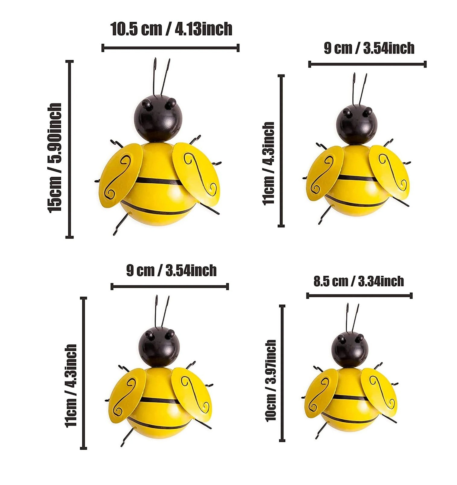 “Set of 4 metal 3D bumble bee wall decorations for outdoor garden use”

“Iron bee sculptures with raised wings and hand-painted detail”

“Bee wall art for patio, porch, or indoor farmhouse style”

“Decorative 3D bee wall hangings from Bee Loved Collection by Christie Bella”

