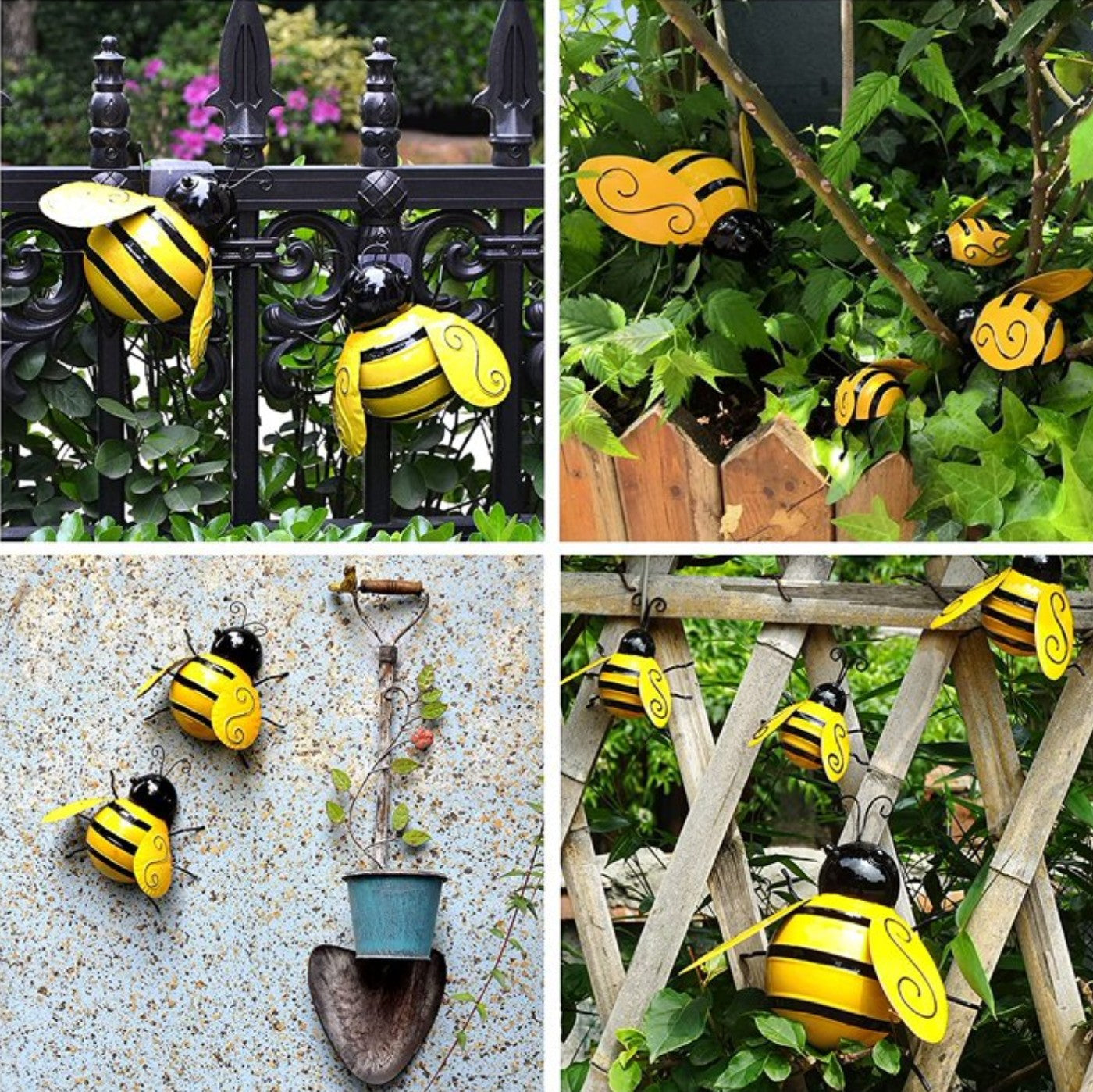 “Set of 4 metal 3D bumble bee wall decorations for outdoor garden use”

“Iron bee sculptures with raised wings and hand-painted detail”

“Bee wall art for patio, porch, or indoor farmhouse style”

“Decorative 3D bee wall hangings from Bee Loved Collection by Christie Bella”

