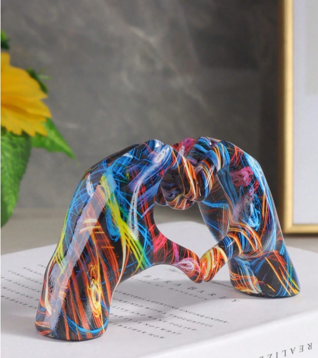 Colorful resin sculpture of two hands forming a heart”

“Rainbow hand heart decor symbolizing love and unity”

“Inspirational hand-shaped heart resin ornament for home or office”

“Vibrant unity sculpture gift for friends and loved ones”

