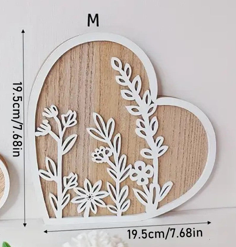 “Heart-shaped carved wooden pendant with floral accents”

“3D hollow wooden heart wall hanging for boho or rustic decor”

“Love-themed wood ornament with flowers for home or gifts”

“Rustic heart-shaped decoration with flower carvings”